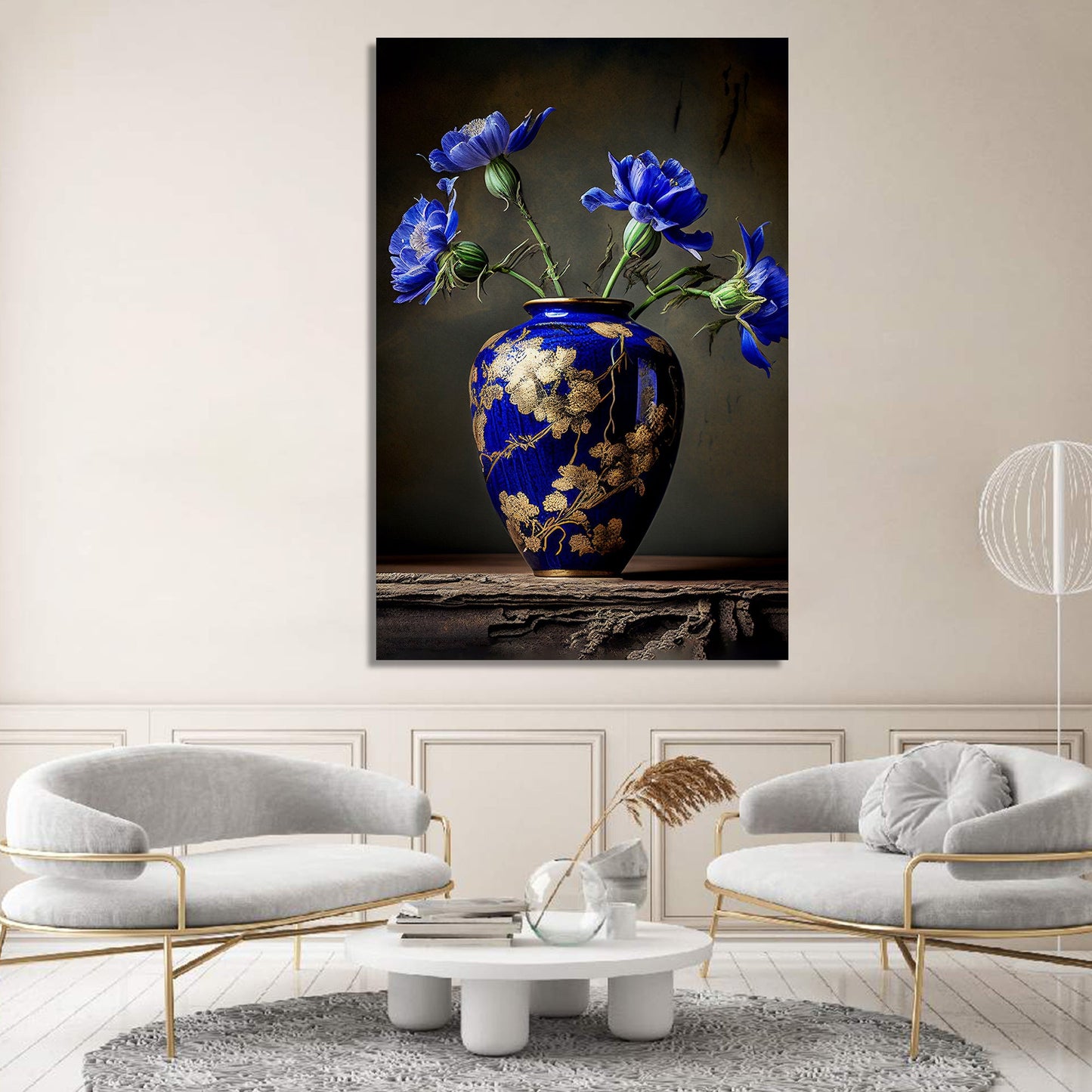 Elegant Vibrant Blue Flower Canvas Painting for Living Room Bedroom Home Wall Decor