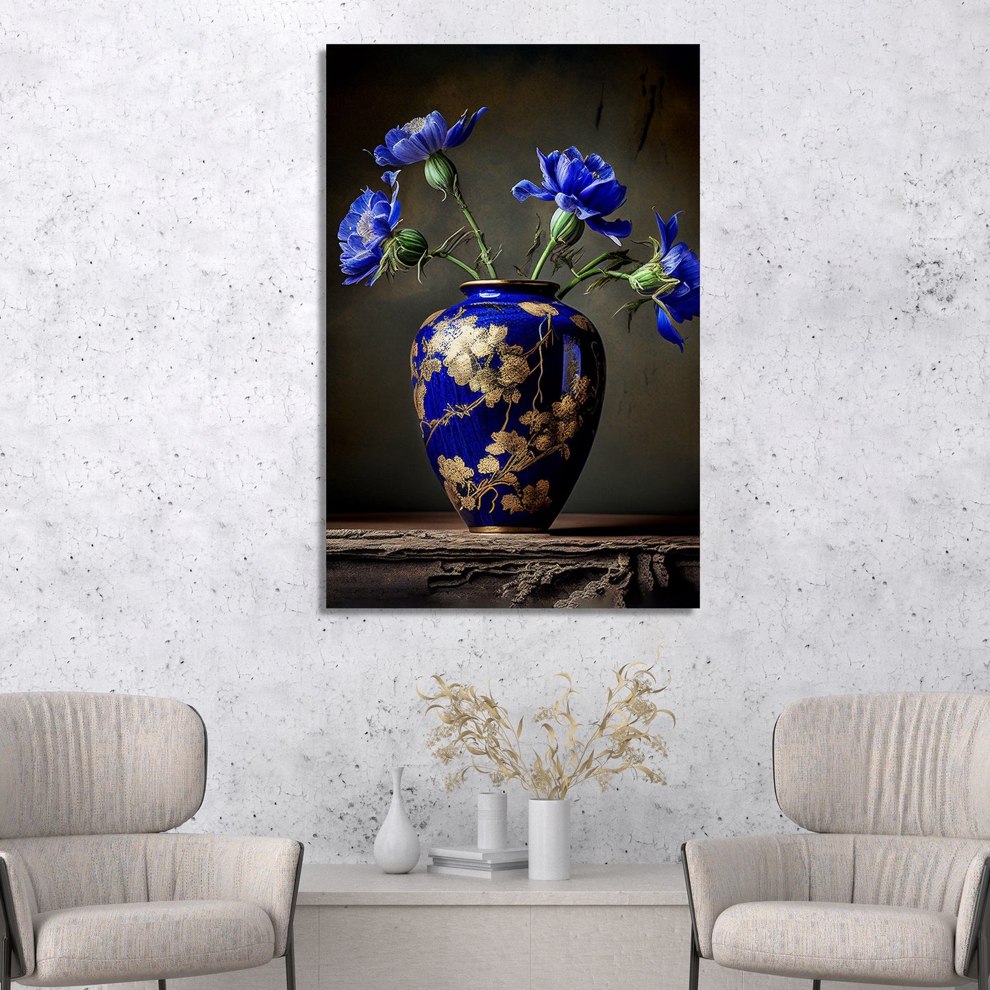 Elegant Vibrant Blue Flower Canvas Painting for Living Room Bedroom Home Wall Decor