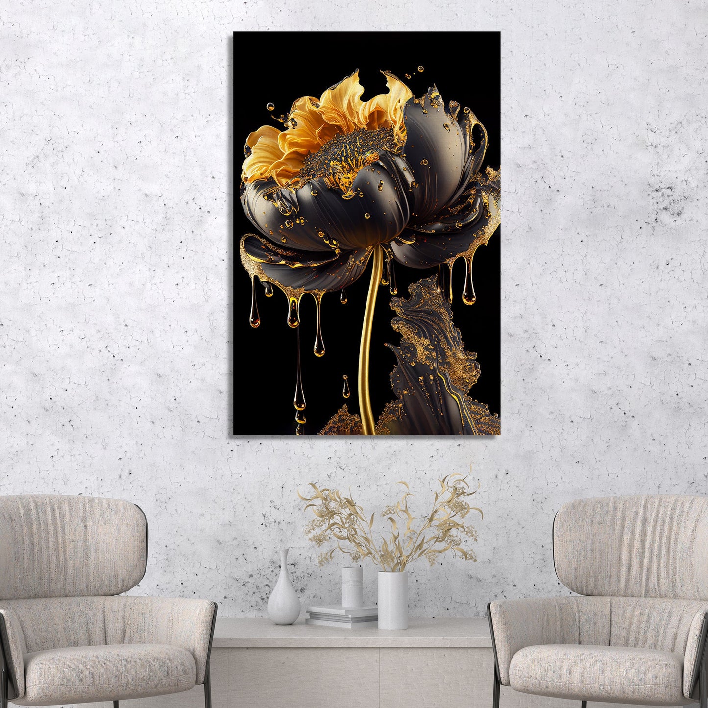 Luxury Black and Golden Flower Canvas Painting for Living Room Bedroom Home Wall Decor