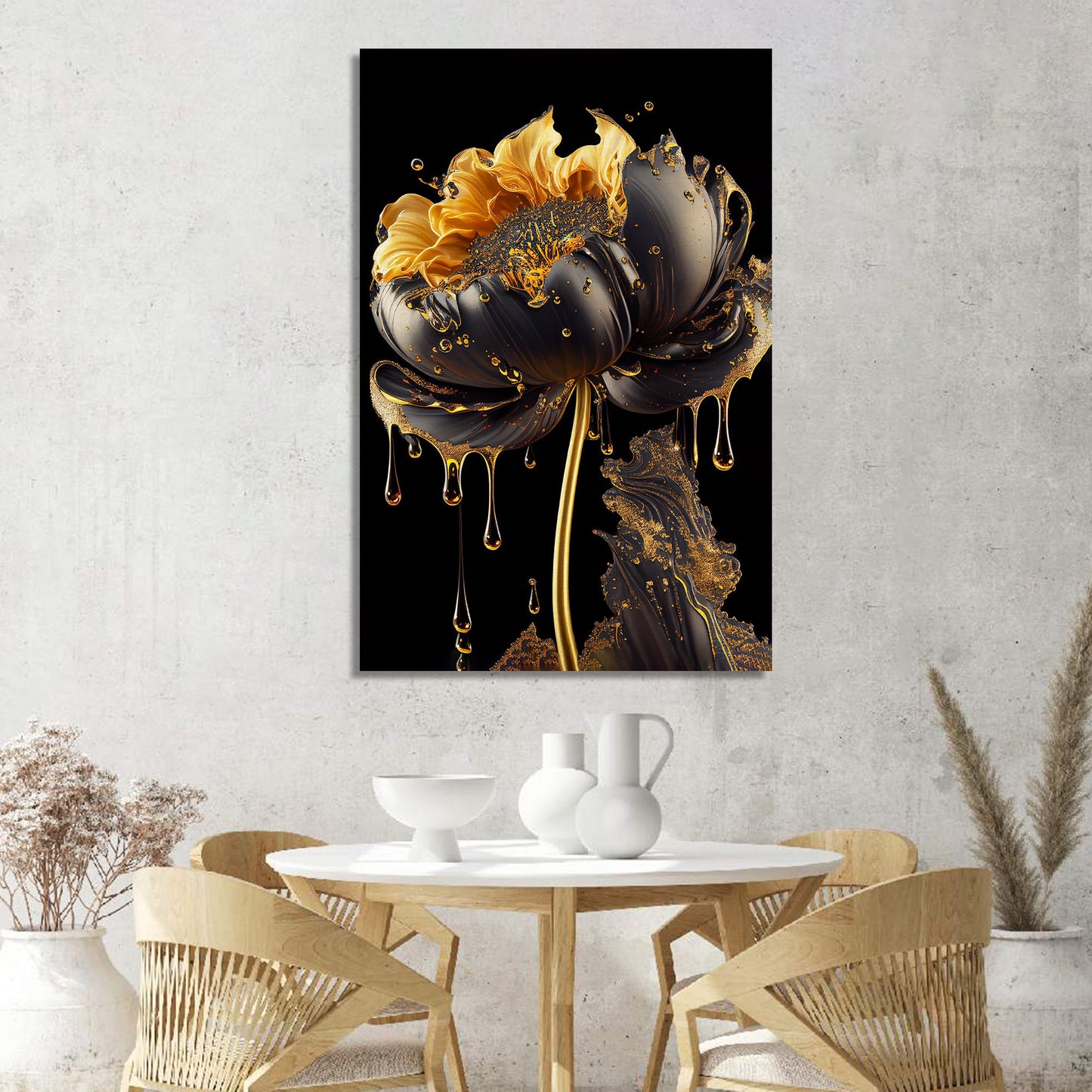 Luxury Black and Golden Flower Canvas Painting for Living Room Bedroom Home Wall Decor