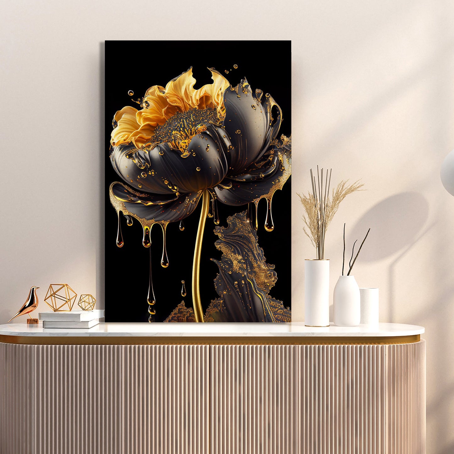 Luxury Black and Golden Flower Canvas Painting for Living Room Bedroom Home Wall Decor