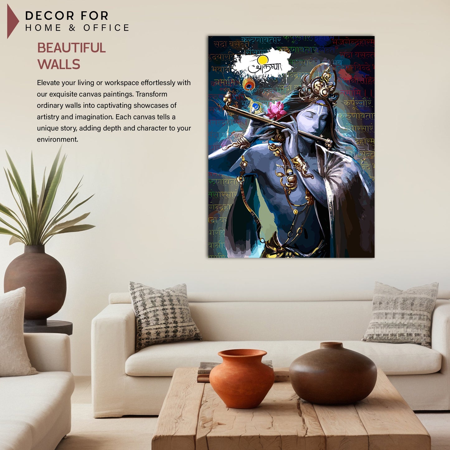 Elegant Hindu Lord Krishna Canvas Painting For Home Pooja Room Living Room Wall Decor