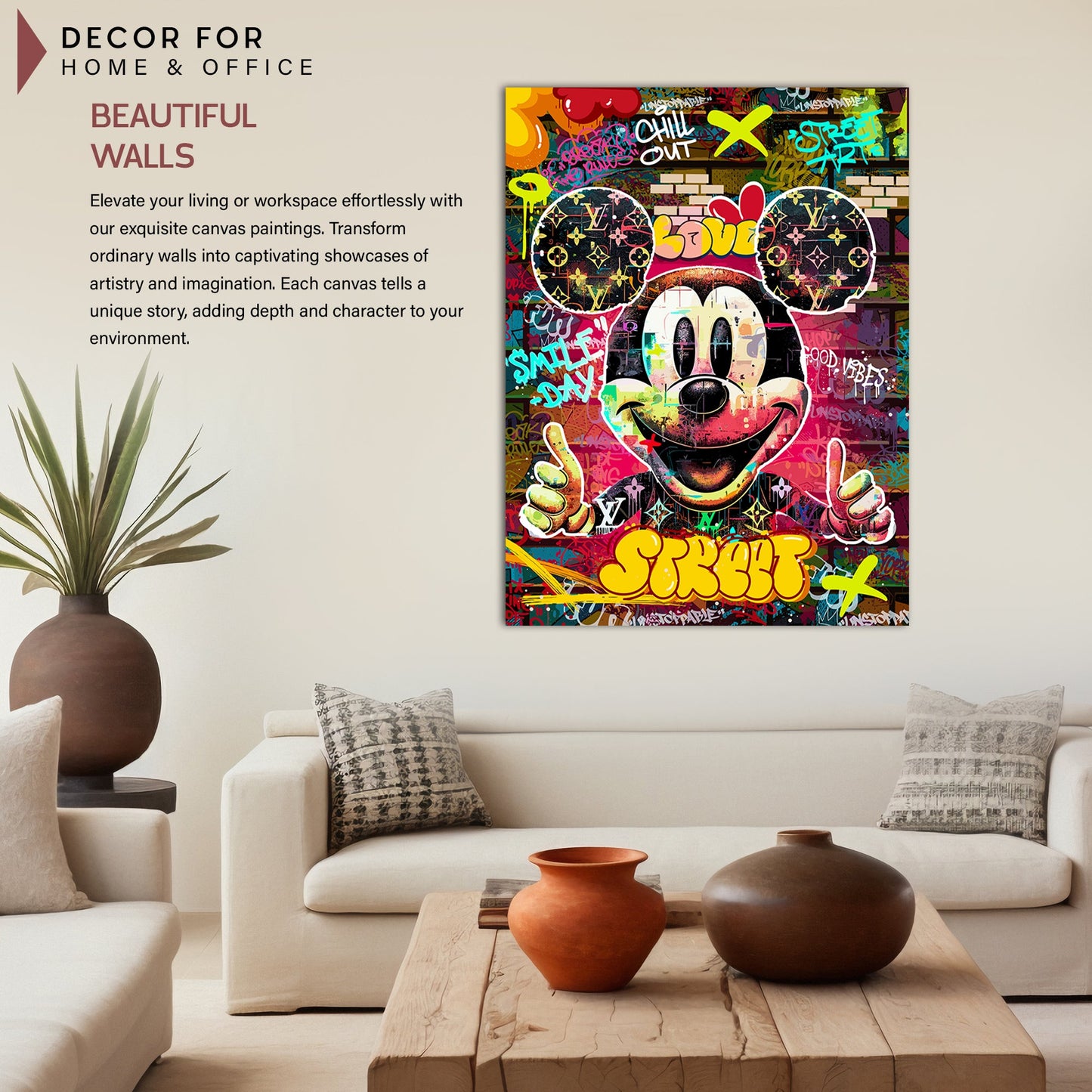 Graffiti-Style Mickey Mouse Canvas Painting for Home Living Room Bedroom Office Wall Decoration