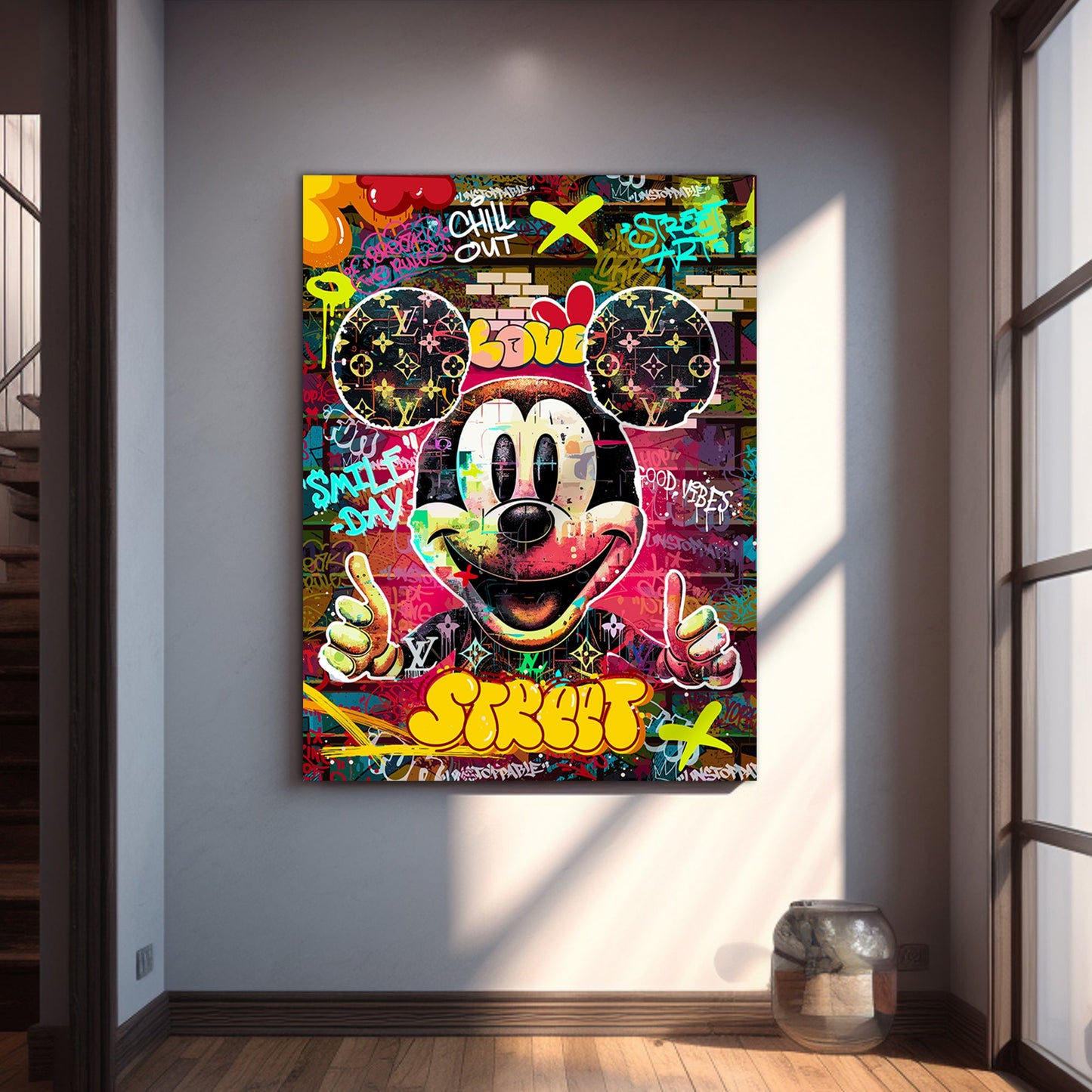 Graffiti-Style Mickey Mouse Canvas Painting for Home Living Room Bedroom Office Wall Decoration