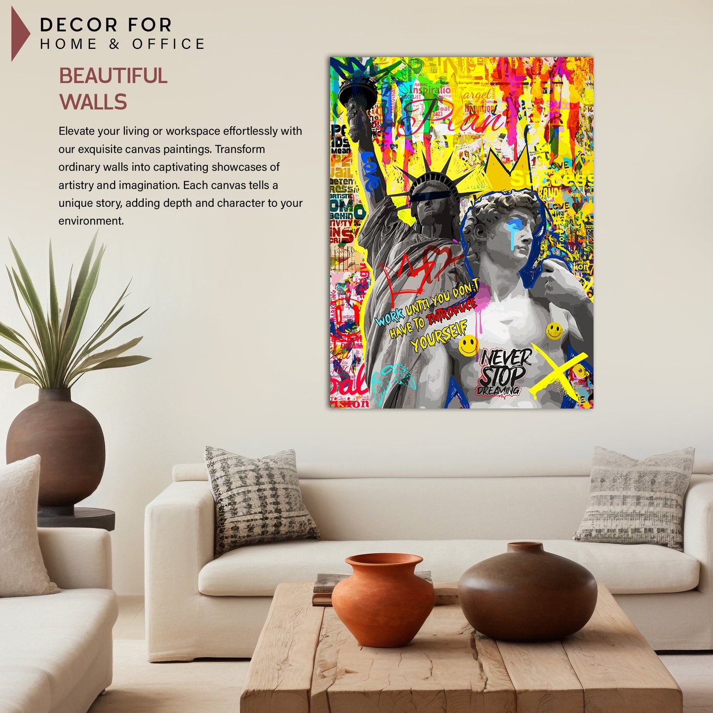 Graffiti-Style David Statue and Statue of Liberty Canvas Paintings for Wall Decor