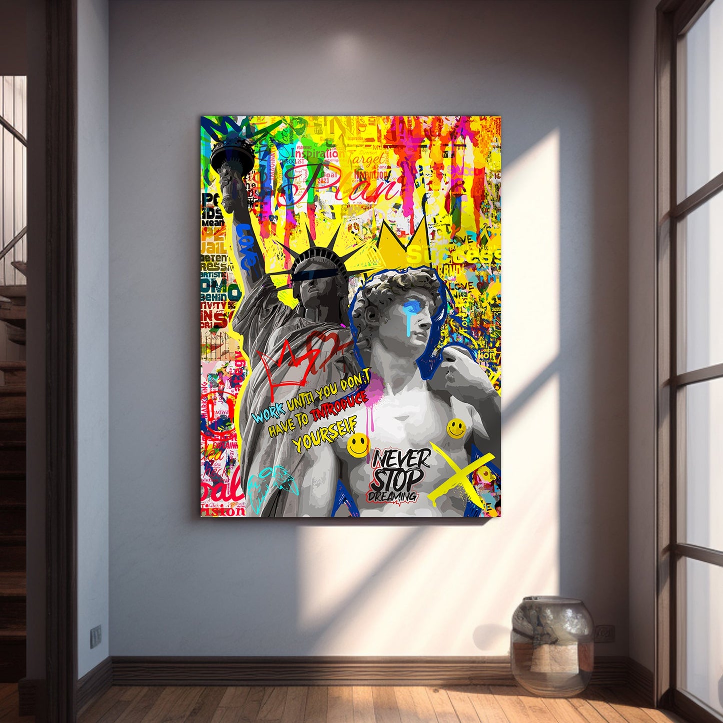 Graffiti-Style David Statue and Statue of Liberty Canvas Paintings for Wall Decor