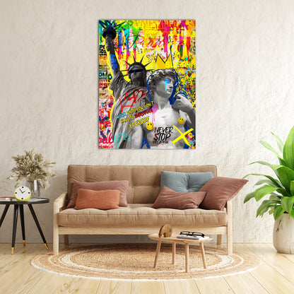 Graffiti-Style David Statue and Statue of Liberty Canvas Paintings for Wall Decor