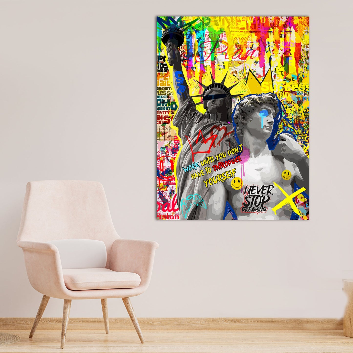 Graffiti-Style David Statue and Statue of Liberty Canvas Paintings for Wall Decor