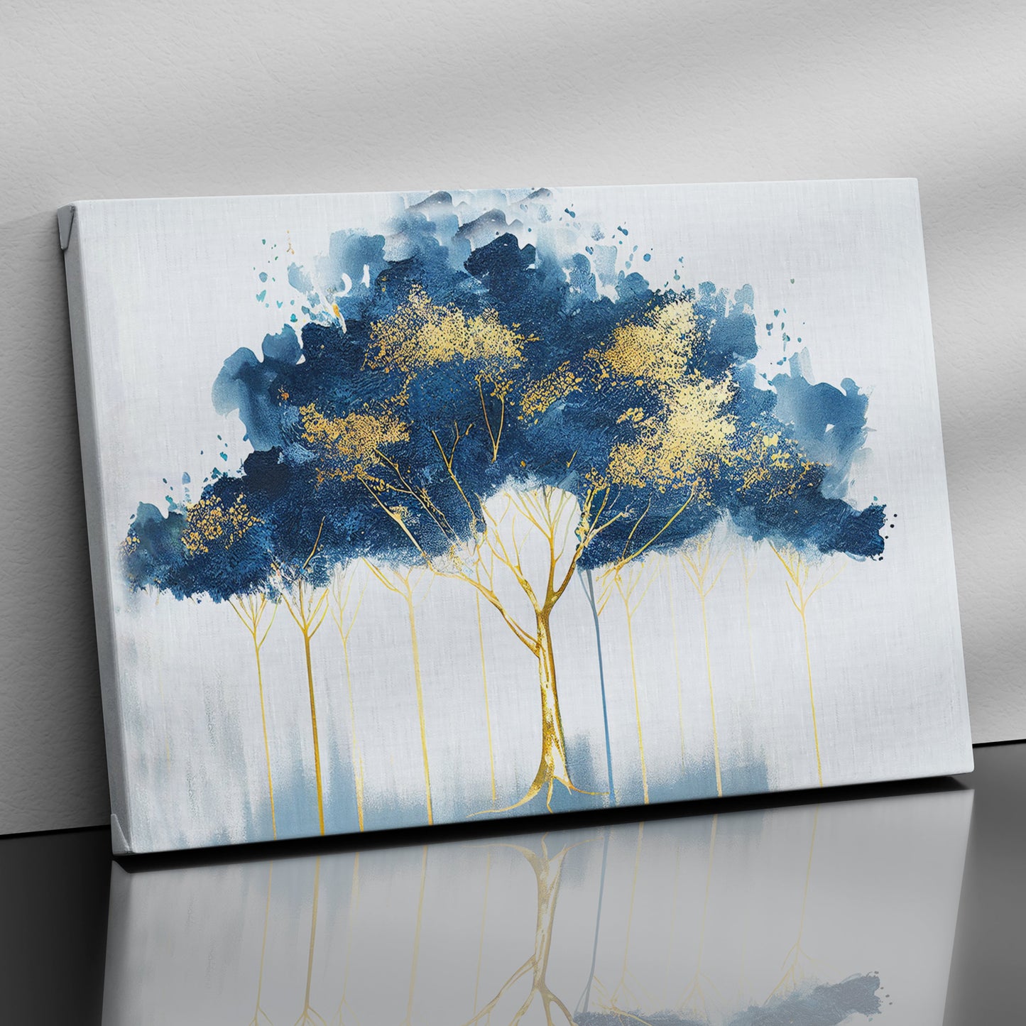 Modern Art Canvas Painting - Abstract Blue and Golden Canvas for Living Room Wall Decor