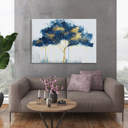 Modern Art Canvas Painting - Abstract Blue and Golden Canvas for Living Room Wall Decor