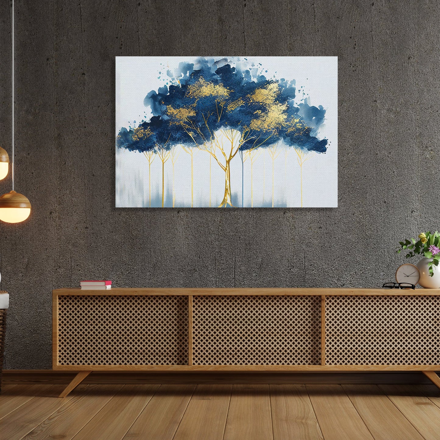 Modern Art Canvas Painting - Abstract Blue and Golden Canvas for Living Room Wall Decor