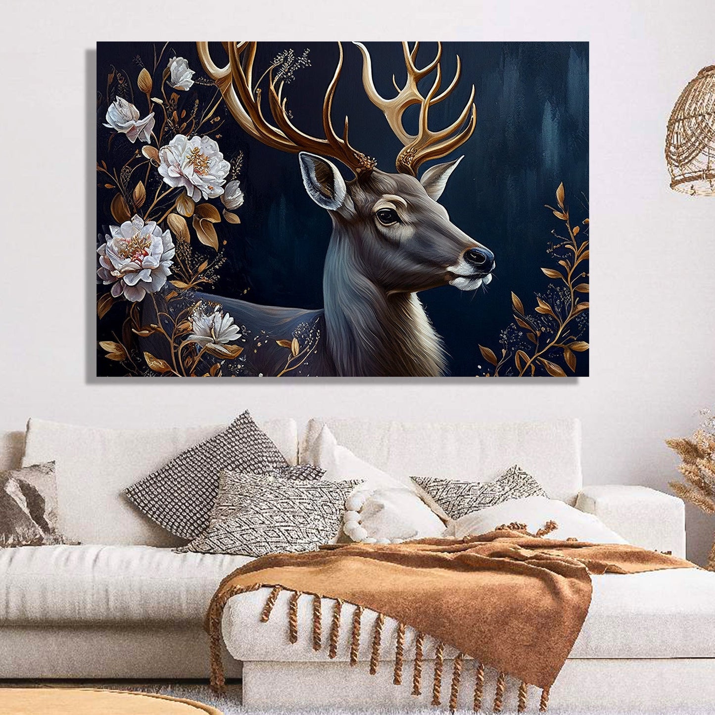 Floral Deer Painting - Modern Abstract Art Paintings for Living Room Bedroom Wall Decor