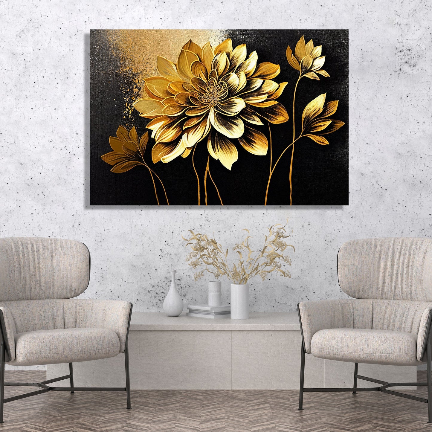 Kotart-Golden Floral Art Painting for Wall Decor - Canvas Art for Living Room Bedroom Wall Decoration-Posters, Prints, & Visual Artwork