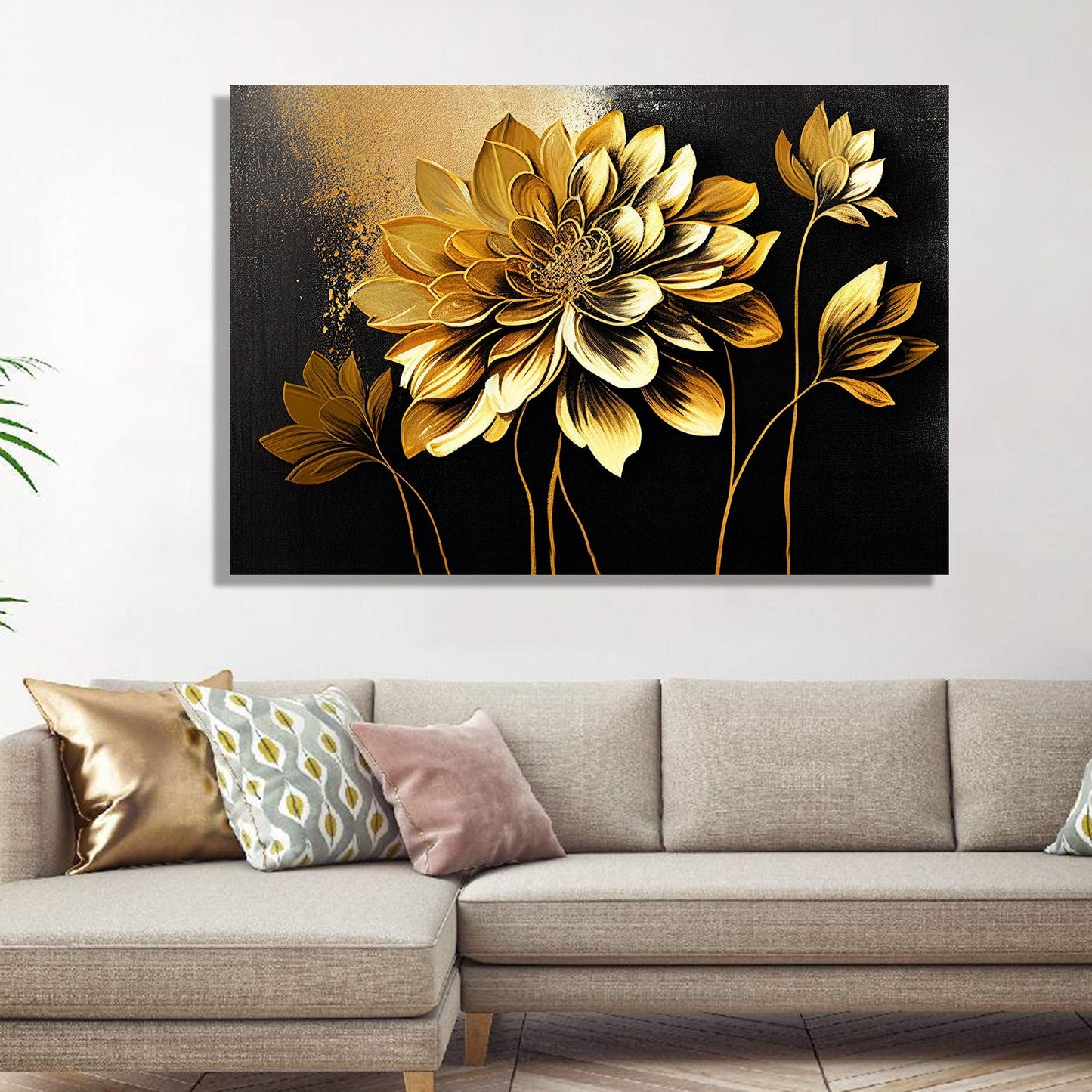 Kotart-Golden Floral Art Painting for Wall Decor - Canvas Art for Living Room Bedroom Wall Decoration-Posters, Prints, & Visual Artwork