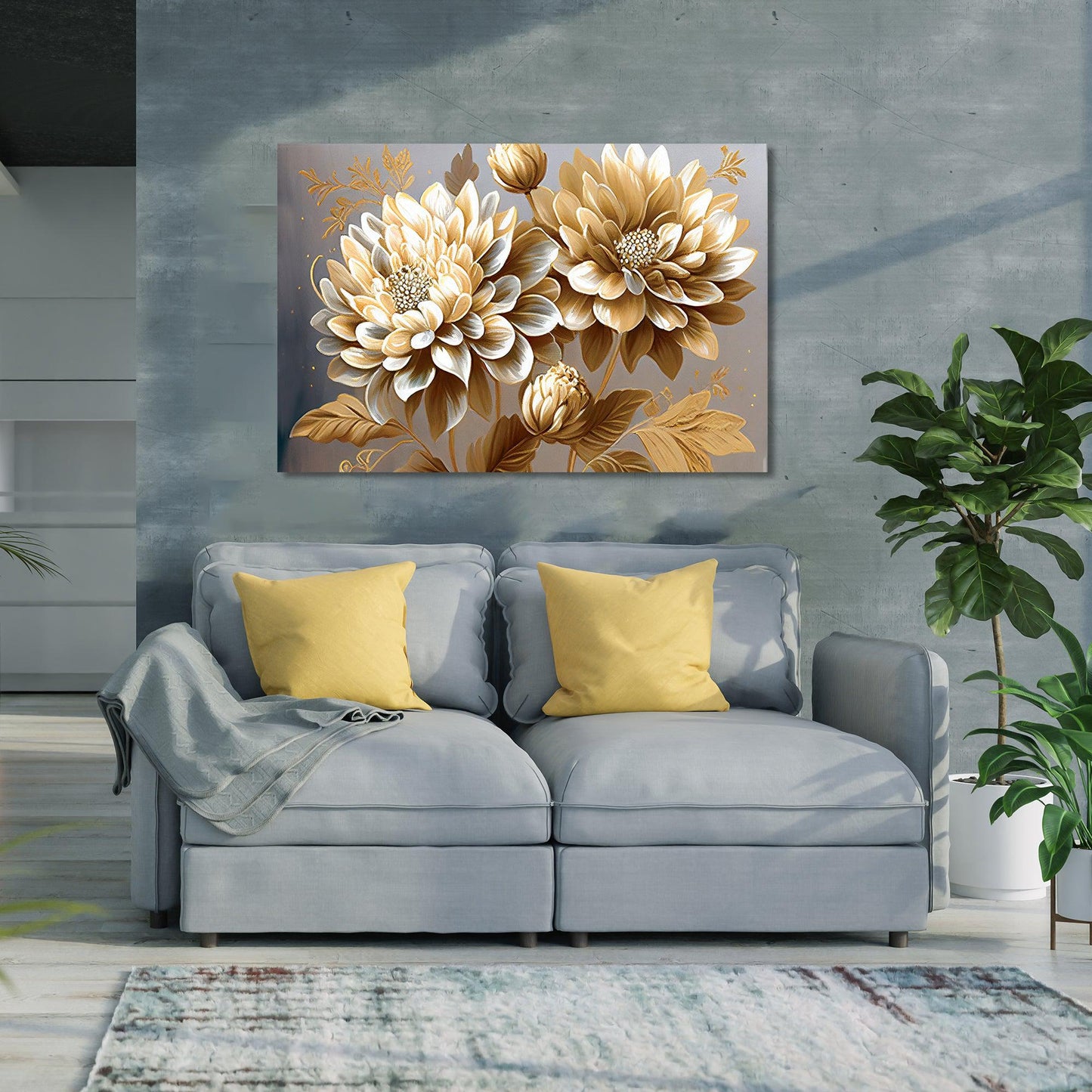 Kotart-Luxury Gold Floral Canvas Painting for Wall Decor - Nature Inspired Large Canvas Art-Posters, Prints, & Visual Artwork
