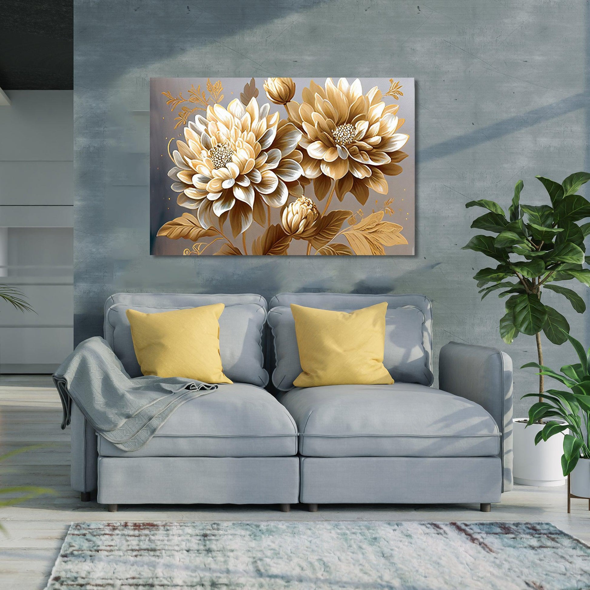 Kotart-Luxury Gold Floral Canvas Painting for Wall Decor - Nature Inspired Large Canvas Art-Posters, Prints, & Visual Artwork