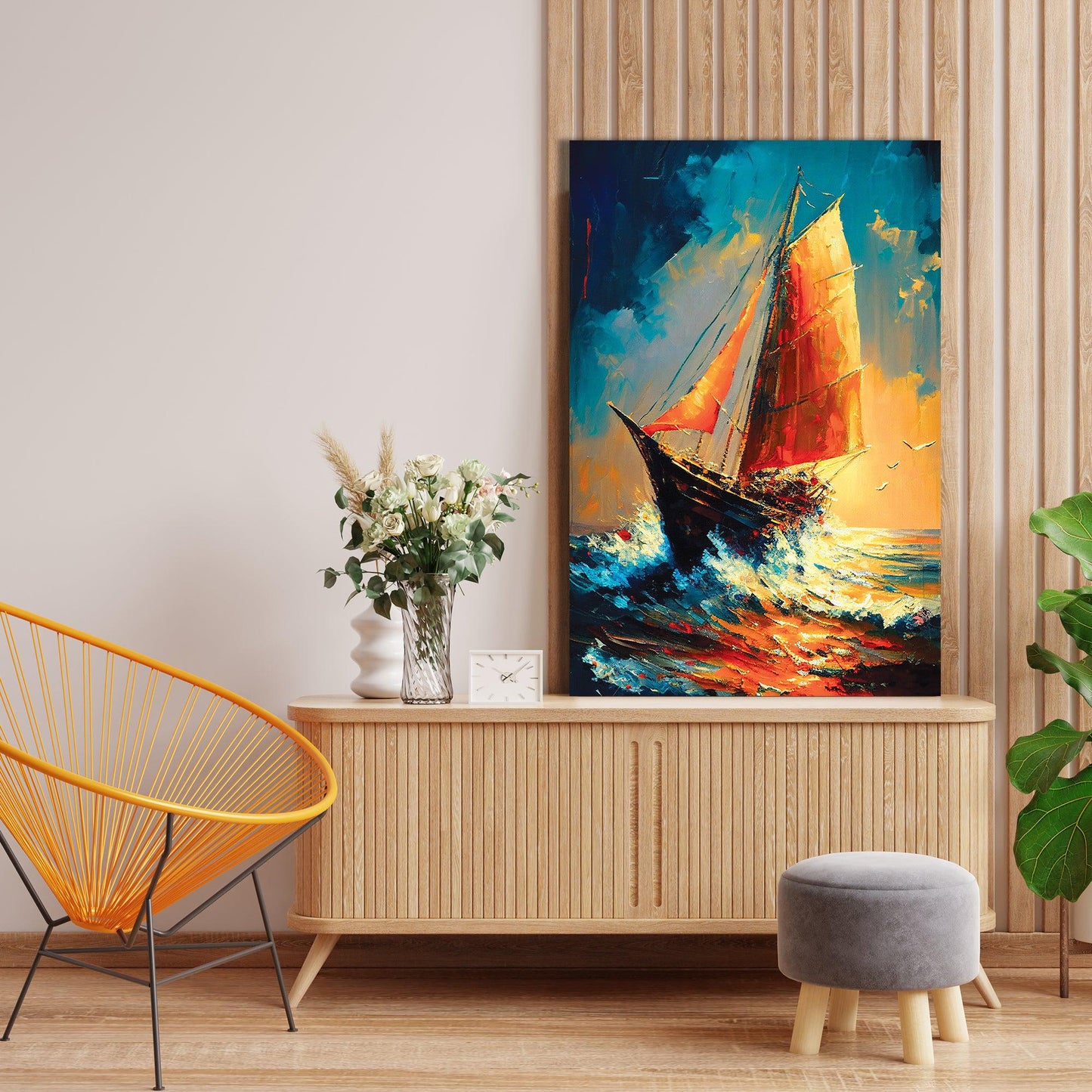 Kotart-Modern Sailboats in Wild Ocean Canvas Painting - Modern Boat Sailing in Sea Canvas Art-Posters, Prints, & Visual Artwork