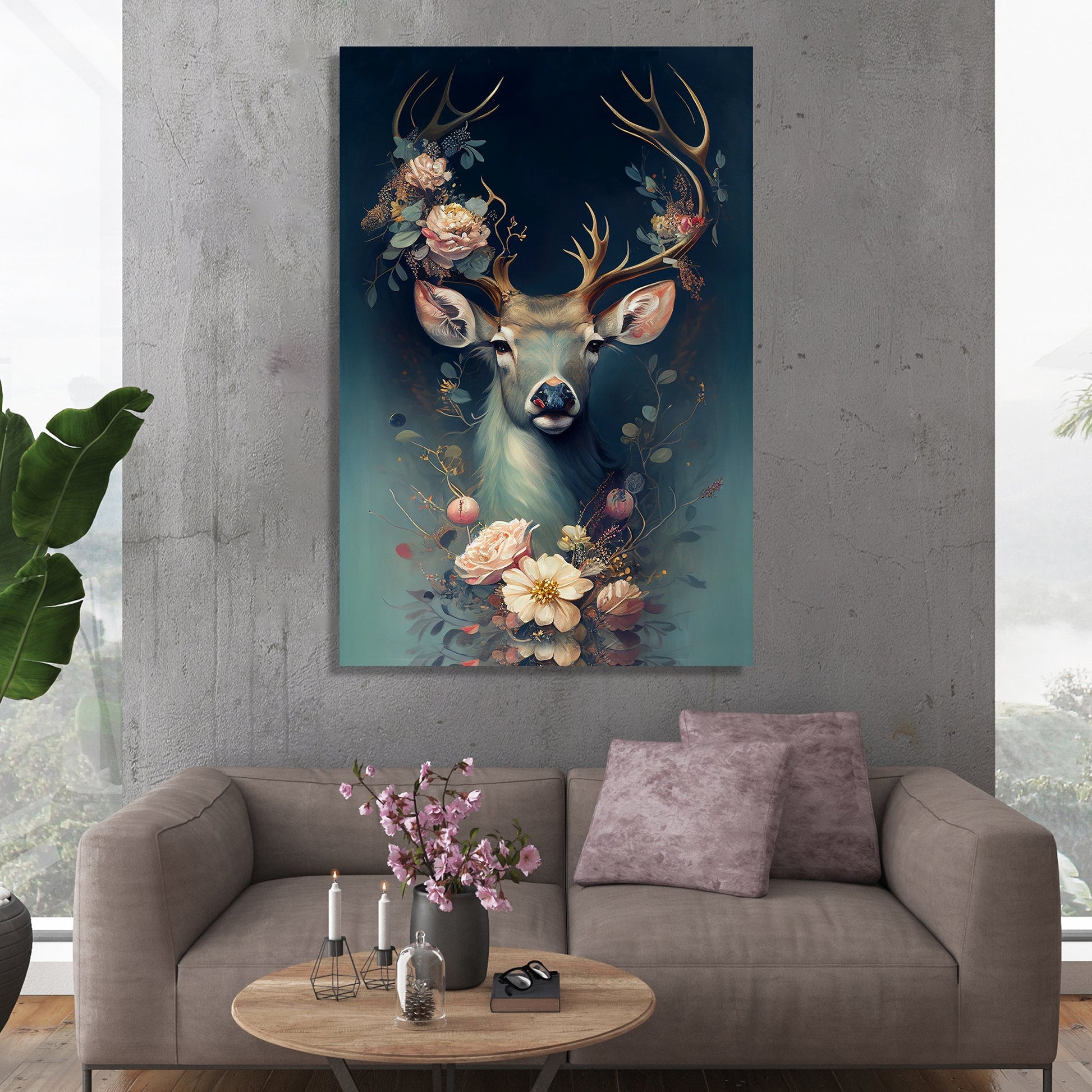 Kotart-Nature Inspired Deer Wrapped in Magical Flowers Canvas Painting for Home Living Room Bedroom Wall Decor - Modern Art Wall Paintings-Posters, Prints, & Visual Artwork