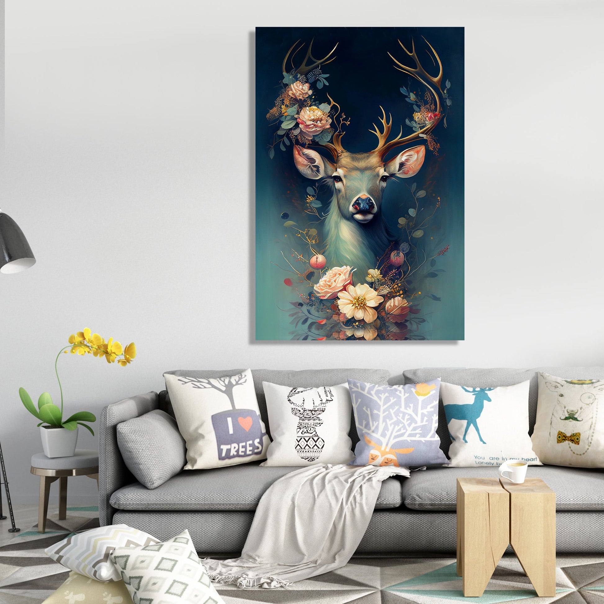 Kotart-Nature Inspired Deer Wrapped in Magical Flowers Canvas Painting for Home Living Room Bedroom Wall Decor - Modern Art Wall Paintings-Posters, Prints, & Visual Artwork
