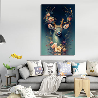 Kotart-Nature Inspired Deer Wrapped in Magical Flowers Canvas Painting for Home Living Room Bedroom Wall Decor - Modern Art Wall Paintings-Posters, Prints, & Visual Artwork