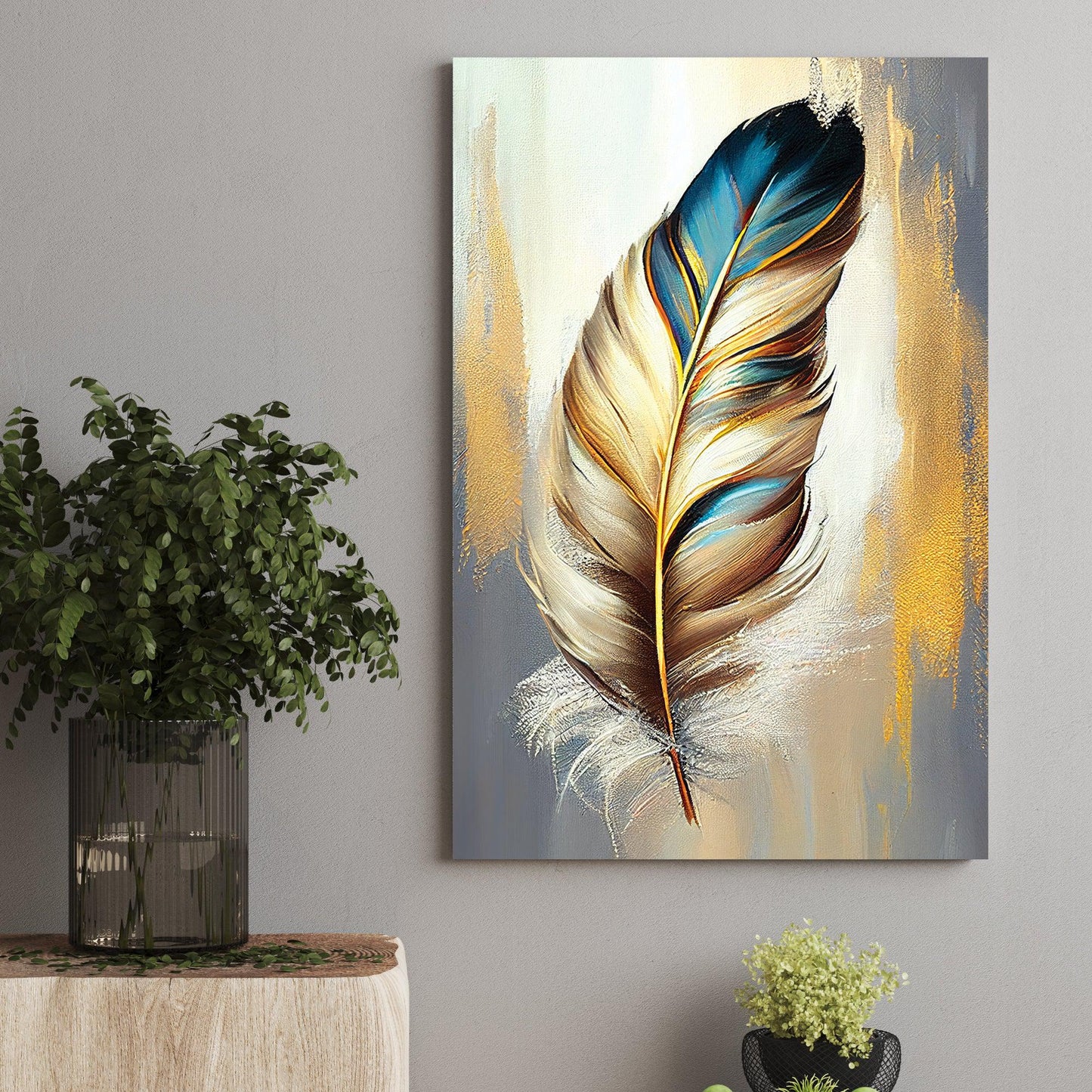 Kotart-Vibrant Feather Canvas Painting - Modern Canvas Art in Luxury Gold-Posters, Prints, & Visual Artwork