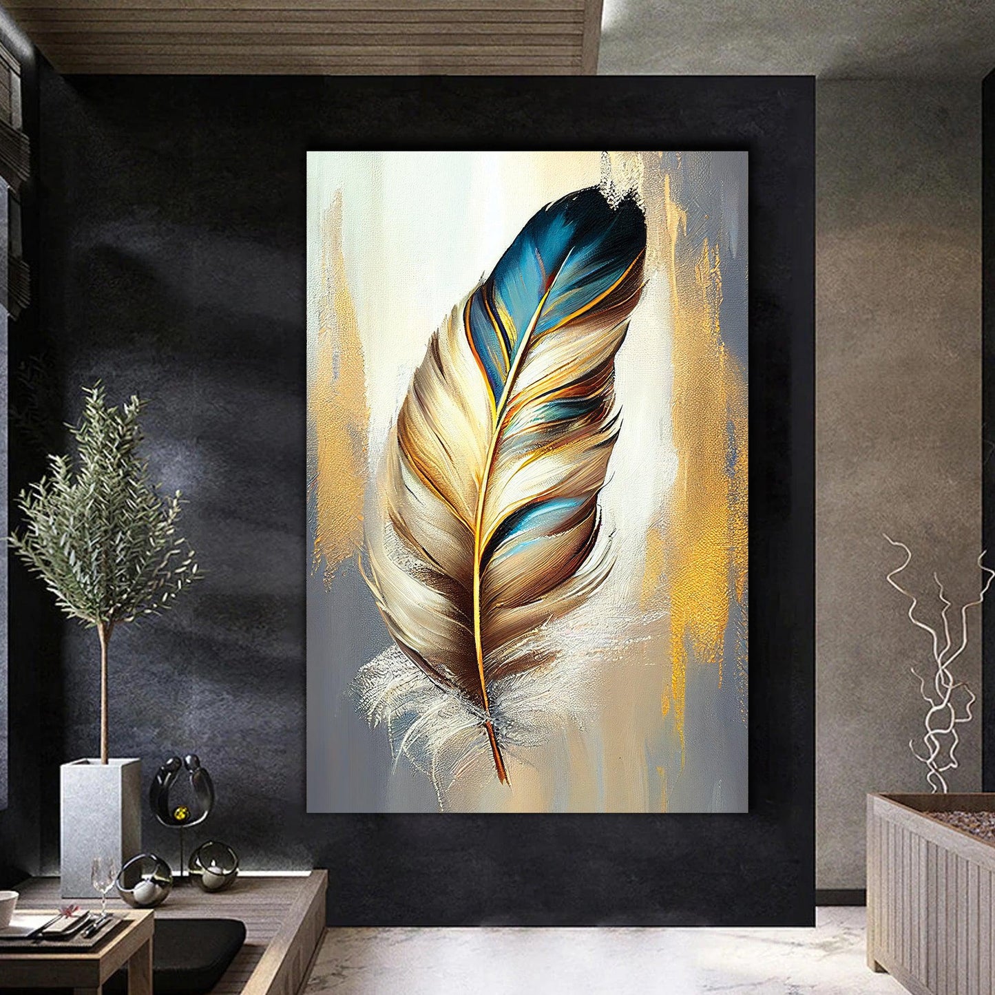 Kotart-Vibrant Feather Canvas Painting - Modern Canvas Art in Luxury Gold-Posters, Prints, & Visual Artwork