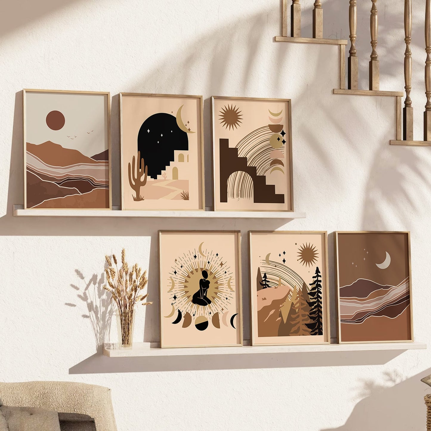 Boho Art Framed Posters for Home Living Room Bedroom Wall Decor Set of 6