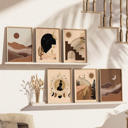 Boho Art Framed Posters for Home Living Room Bedroom Wall Decor Set of 6