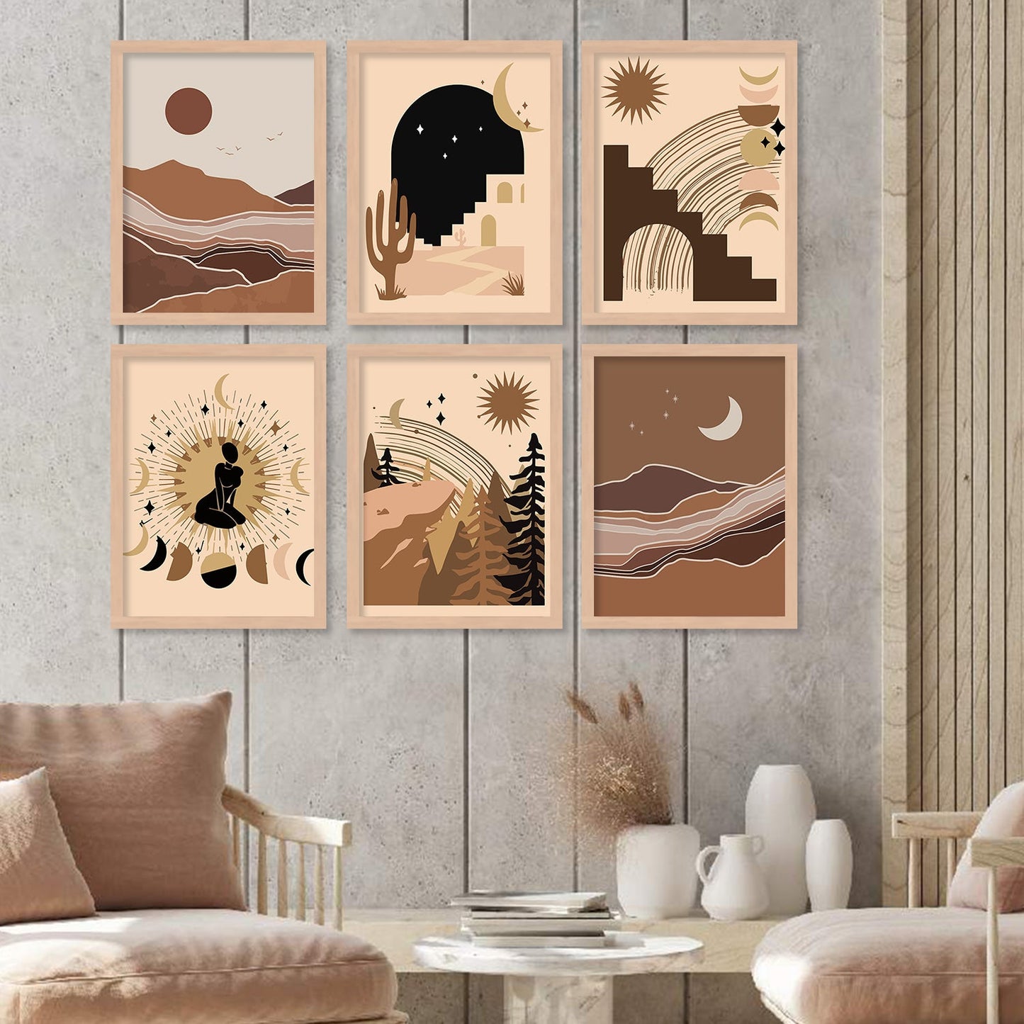 Boho Art Framed Posters for Home Living Room Bedroom Wall Decor Set of 6