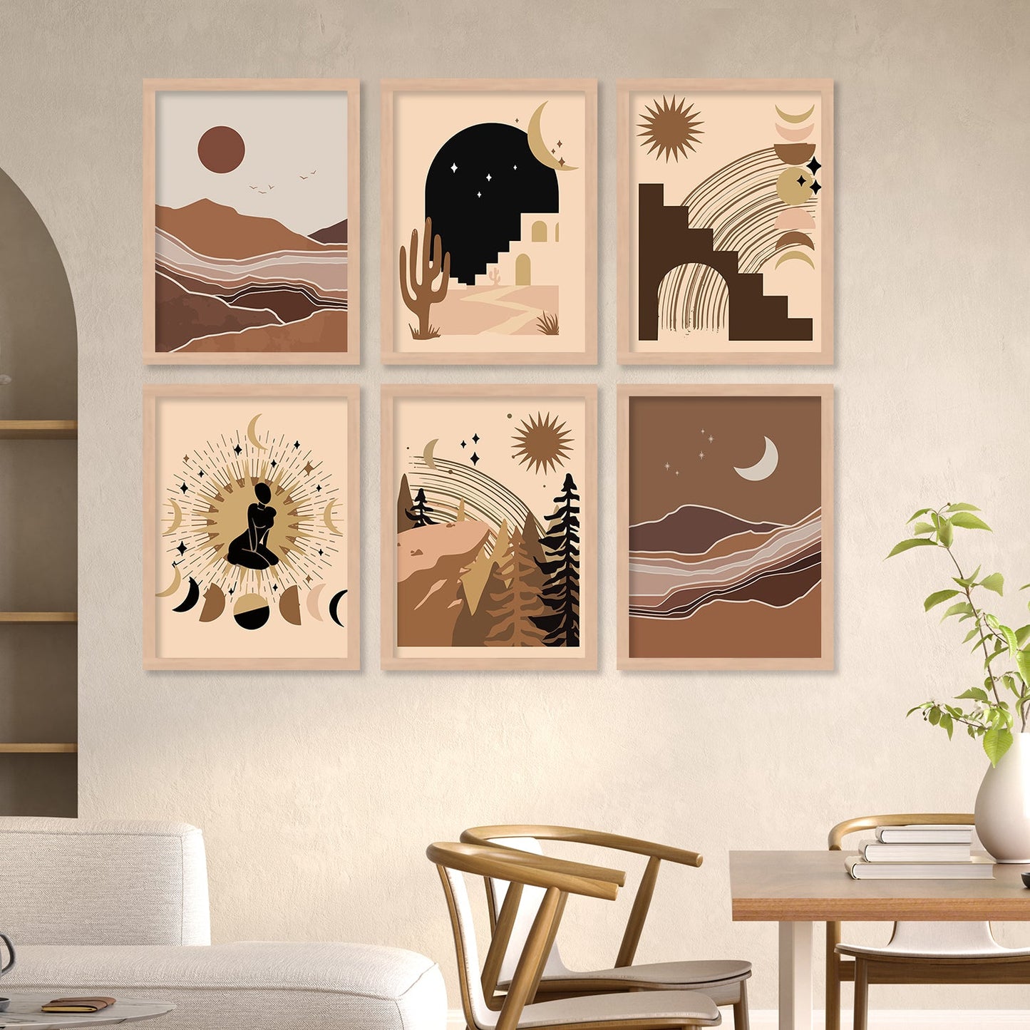 Boho Art Framed Posters for Home Living Room Bedroom Wall Decor Set of 6