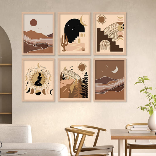 Boho Art Framed Posters for Home Living Room Bedroom Wall Decor Set of 6