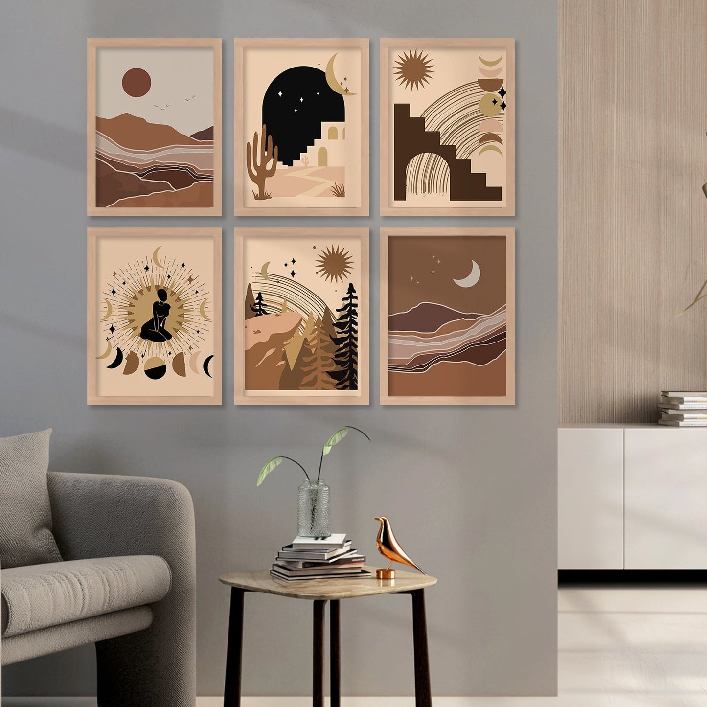 Boho Art Framed Posters for Home Living Room Bedroom Wall Decor Set of 6