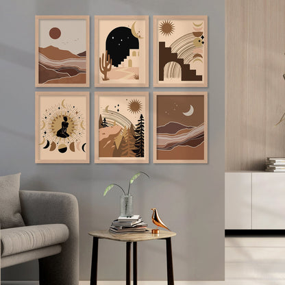 Boho Art Framed Posters for Home Living Room Bedroom Wall Decor Set of 6