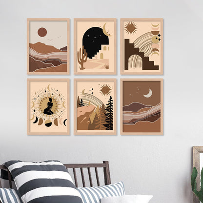 Boho Art Framed Posters for Home Living Room Bedroom Wall Decor Set of 6